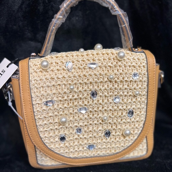 🤎STEVE MADDEN Elegant Saddle Bmelodie-Straw Pearl-Embellished Handbag🤎NWT - Picture 5 of 17